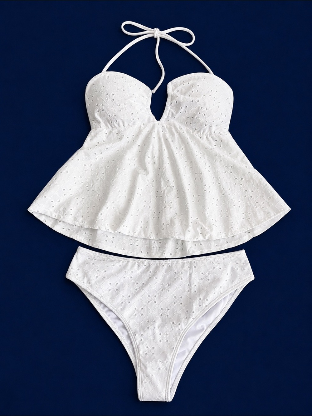 White Eyelet Halter Tankini Swim Set